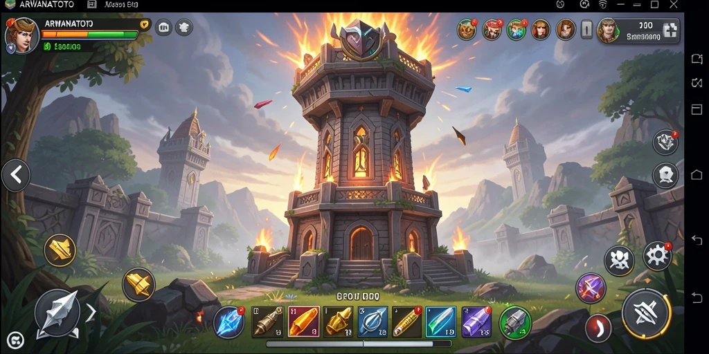 Tampilan menarik dari gameplay <strong>ARWANATOTO</strong> dengan pertahanan menara yang epik.