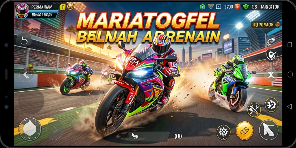 Tampilan gameplay intens MARIATOGEL saat balapan motor.