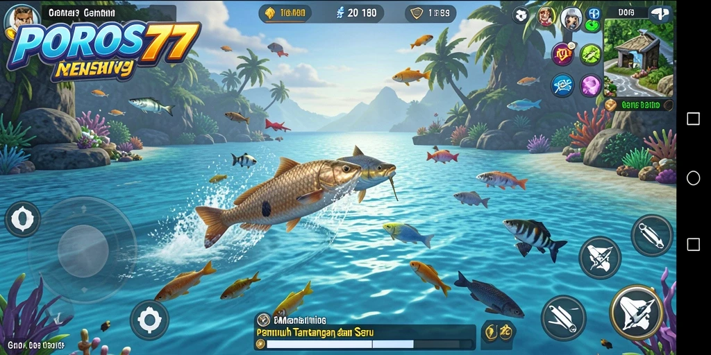 Tampilan gameplay menarik dari POROS77 yang menampilkan aksi memancing.