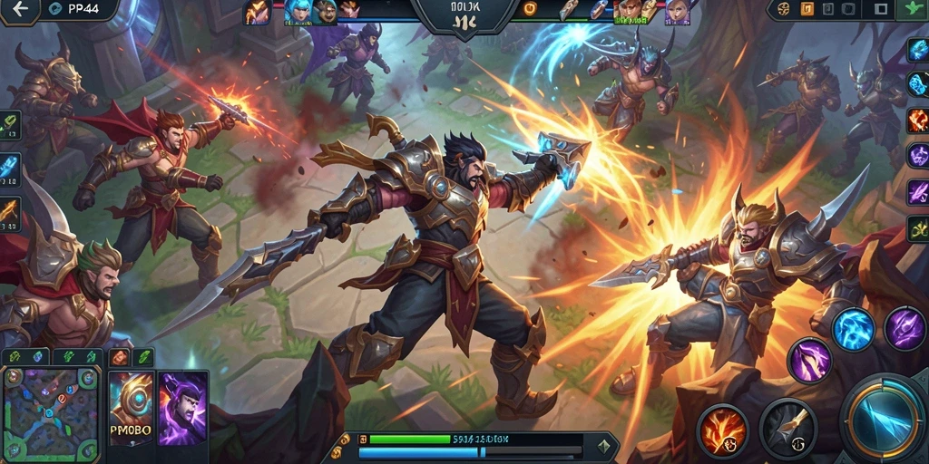 Screenshot PP444 menampilkan aksi pertarungan tim dalam arena MOBA.