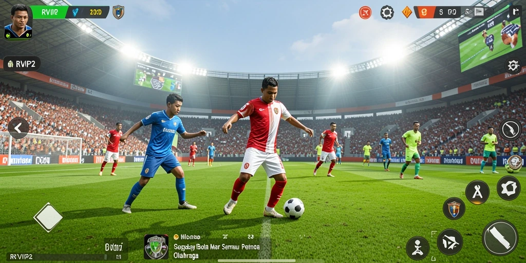 Tampilan gameplay seru dari RVIP2 dalam aksi pertandingan sepak bola.