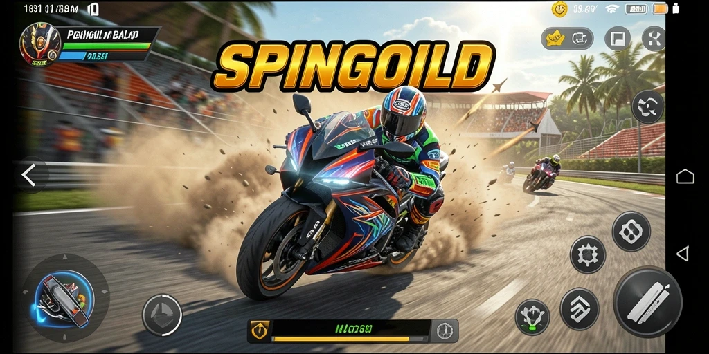 Screenshot utama SPINGOLD menampilkan aksi balapan motor yang mendebarkan.