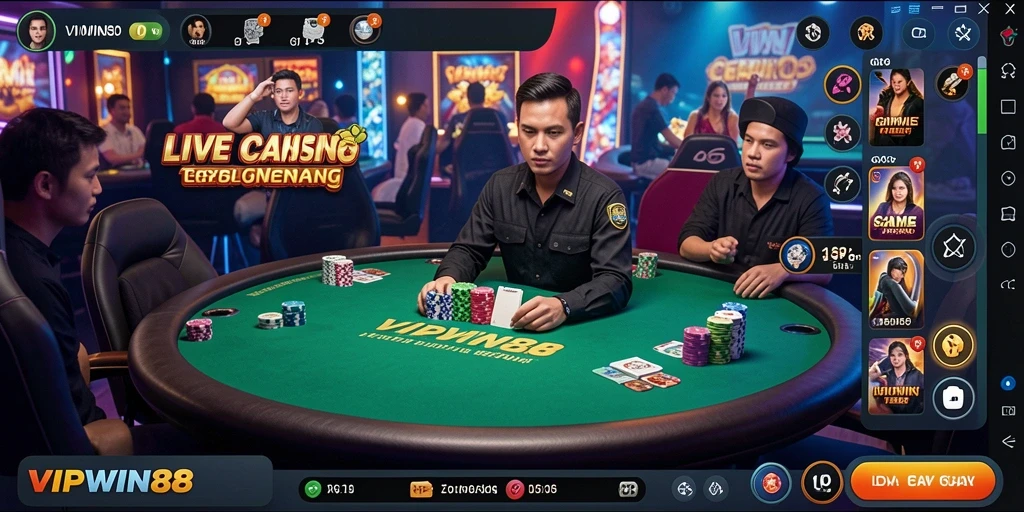 Screenshot gameplay Live Casino dari VIPWIN88 menampilkan dealer dan interaksi pemain.
