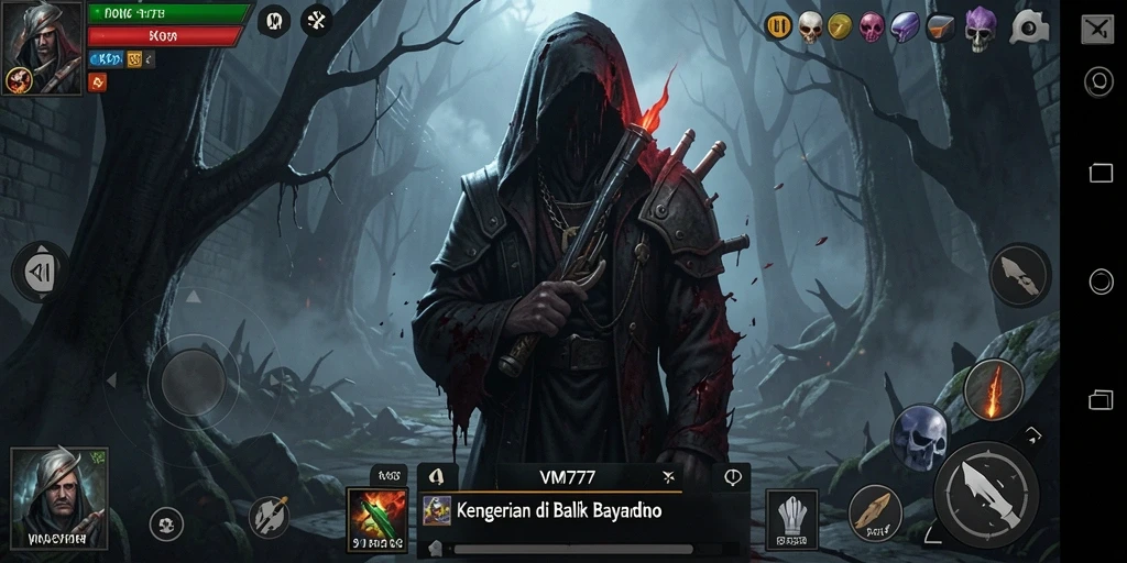 Screenshot dari gameplay <strong>VM777</strong> menampilkan momen menakutkan saat karakter menghadapi makhluk mengerikan.